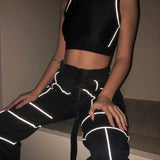 Women 2 Piece Tracksuit Reflective Cropped Top Loose Pants Sets Fashion Female Shine Black Tank Top And Trouser Chandal Mujer