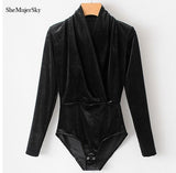 SheMujerSky Autumn Velour Women Bodysuits Sexy Jumpsuit 2017 V Neck Body Woman Long Sleeve Overalls Women's Suit