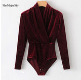 SheMujerSky Autumn Velour Women Bodysuits Sexy Jumpsuit 2017 V Neck Body Woman Long Sleeve Overalls Women's Suit